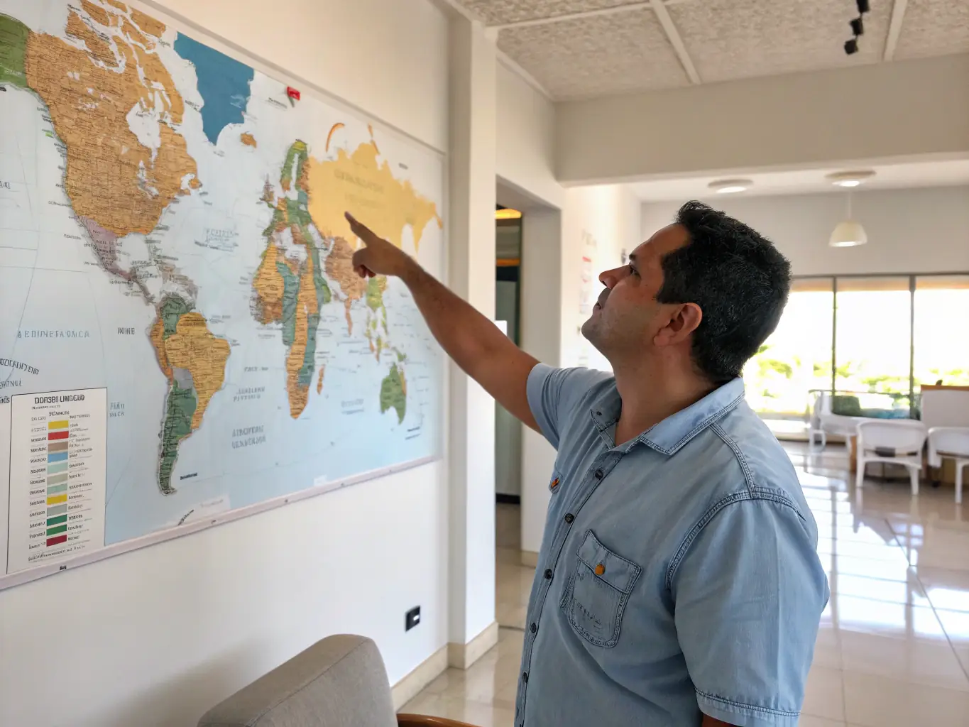 A traveler standing in front of a world map, contemplating their next destination. The scene is bathed in warm, inviting light, symbolizing the beginning of a journey.