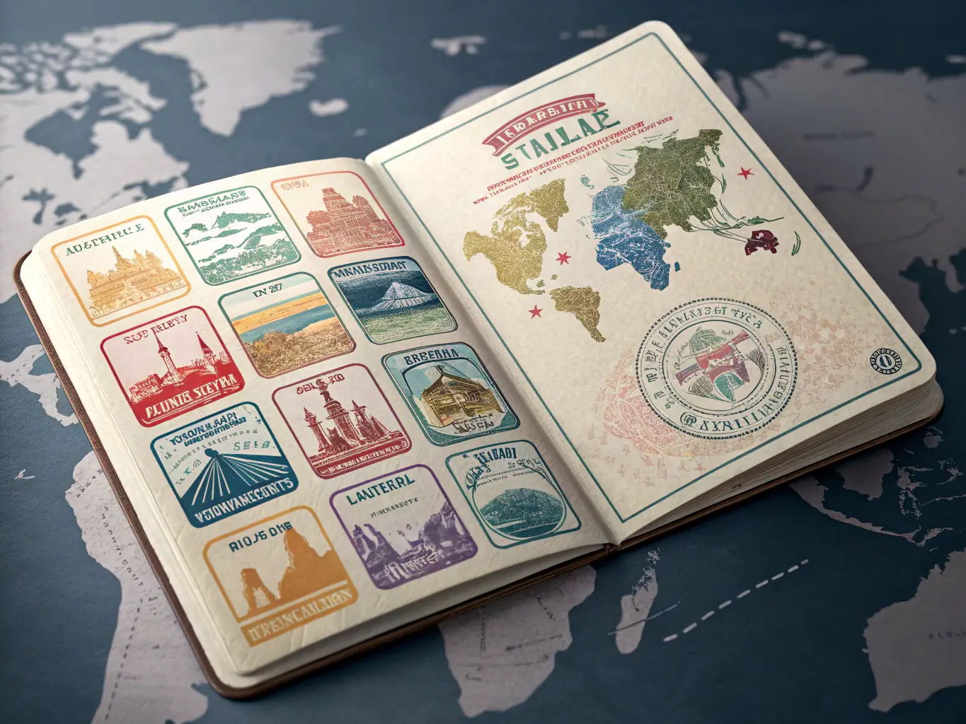 A passport being stamped with a unique, symbolic design representing personal growth and transformation. The stamp signifies a milestone in the traveler's journey.